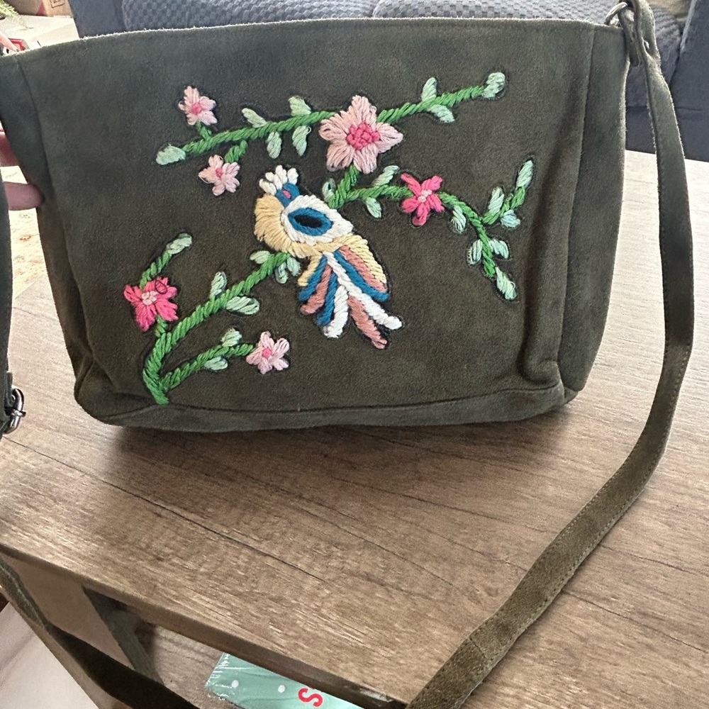 RAJ of LA Embroidered Olive Green Suede Crossbody Bag. NWOT